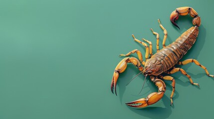 Scorpion on a green background. Dangerous insect. Sting with poison. - obrazy, fototapety, plakaty