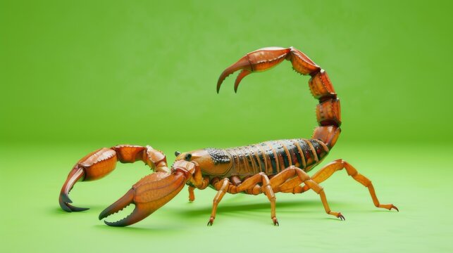 Scorpion on a green background. Dangerous insect. Sting with poison.
