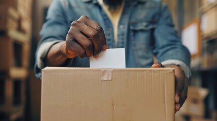 Close-up of a black man hand casting a ballot into a simple cardboard voting box. Political choice, election day and voting concept. Generative ai - obrazy, fototapety, plakaty