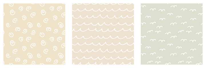 Set of Doodle seamless Patterns in neutral Pastel colors. Cute hand drawn scribble Background for Baby. Abstract modern ornament for the design of children's Wallpaper, clothing, textile toys