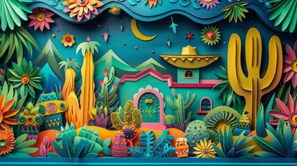 Paper festive background of a Mexican holiday Cinco de Mayo, Mexican May party. Concept of Cinco de Mayo party with sombrero hat, maracas, guitar. Generative ai.