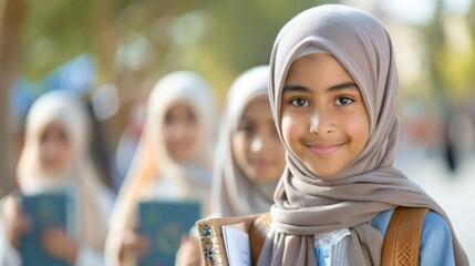 Young muslim schoolgirls in hijab holding books. Islamic education concept for women. Generative ai