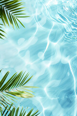 Fototapeta na wymiar Aqua waves and coconut palm shadow on blue background. Water pool texture top view. Tropical summer design. Luxury travel holiday