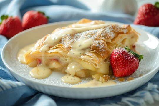 Austrian apple strudel with vanilla sauce and strawberries in white bowl on blue cloth