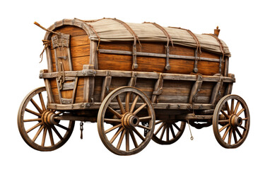 Fototapeta premium An old wooden wagon with wooden wheels stands gracefully on a white background