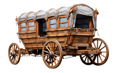 An old wooden wagon sits motionless with a tarp draped over it, hinting at untold stories from long ago