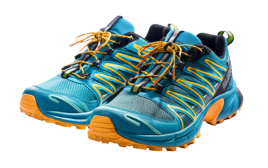 A vibrant pair of blue and yellow shoes stand out against a crisp white background