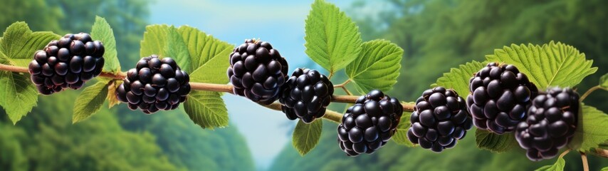 A branch of blackberries with green leaves, hanging from a branch.