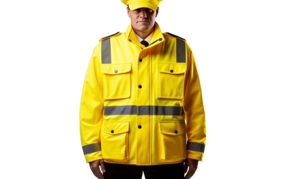 A man with a yellow jacket and hat stands confidently in a vibrant landscape