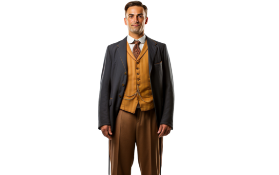 A man in a suit and tie standing with hands in pockets