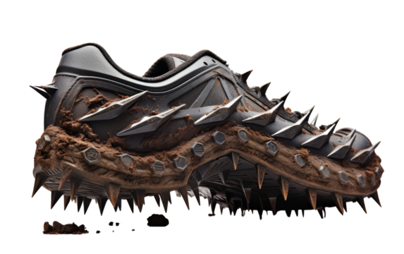 Pair of shoes adorned with menacing spikes standing on a textured surface