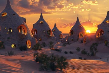 Desert oasis with futuristic beehive accommodations, sustainable design, blending with the landscape, hovercrafts, sunset scene  , Blender - obrazy, fototapety, plakaty