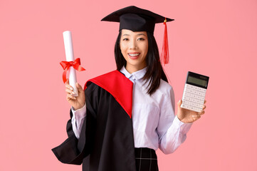Asian female graduate student with diploma and calculator on pink background