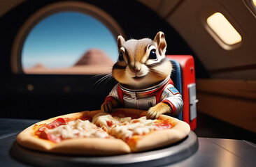 Chipmunk astronaut eats pizza. cartoon chipmunk