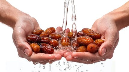 Date Fruits or Kurma in vintage arabic dish and jug of water at grey concrete background. Dates and water is Ramadan meal. Ramazan Iftar food. - obrazy, fototapety, plakaty