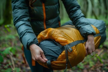 A woman prepares a sleeping bag for a forest adventure exploring ecotourism with travel gear - obrazy, fototapety, plakaty
