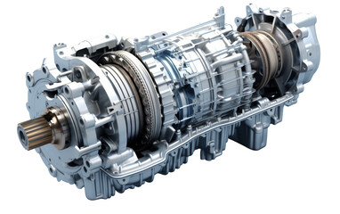 Detailed car engine on white background, showcasing intricate design and mechanical components