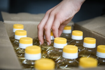 many bottles of sunflower oil background