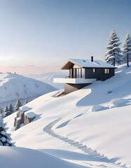 Fototapeta na wymiar Winter Wonderland House, Modern Architecture Amidst Snowy Landscape During Daytime, Generative AI