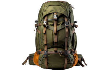 A large backpack with multiple straps, ready for an adventure
