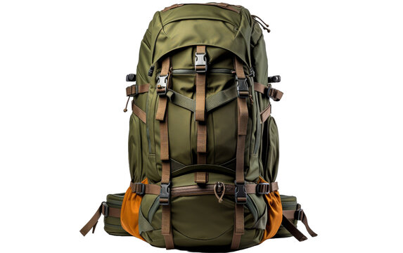 A large backpack with multiple straps, ready for an adventure