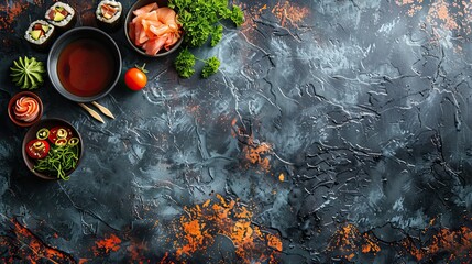 Beautiful sushi and rolls on a dark stone background. Food advertising. Banner, menu.