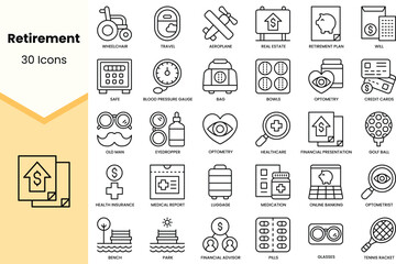 Set of retirement icons. Simple line art style icons pack. Vector illustration