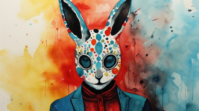 A person wearing a suit and a polka dot rabbit mask stands in front of a colorful background of red, orange, and blue paint splatters.