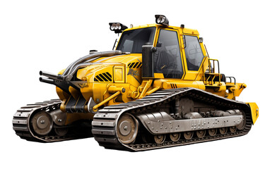 A powerful yellow bulldozer stands prominently against a clean white background