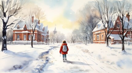 A child in a red coat and with a backpack stands on a snowy path in a residential area. The sun is shining brightly in the sky.