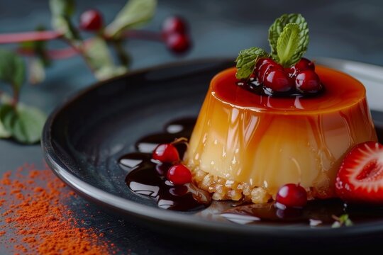 Close up of caramel trilece dessert on dark background a traditional Turkish flavor