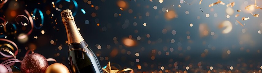 Goldene Champagnerflasche, Konfetti und Luftschlangen, Konzept Hintergrund Weihnachts-, Geburtstags- oder Hochzeitsfeier, Textfreiraum