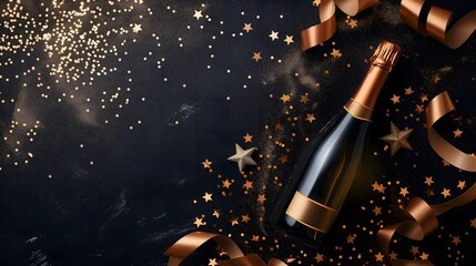 Goldener Banner mit goldener Champagnerflasche, Konfetti und Partyschlangen. Weihnachts-, Geburtstags- oder Hochzeitskonzept, Textfreiraum