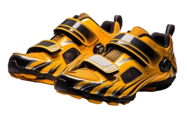 Bright yellow and black shoes stand out against a pristine white background
