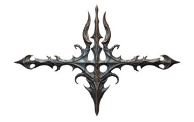 A black metal cross stands tall against a dark backdrop, its intricate design casting shadows