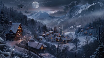 house in snow forest with orange light - obrazy, fototapety, plakaty