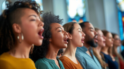 A choir made up of members from diverse age groups and ethnicities sings passionately inside a church. The natural light from the windows highlights their expressions, with the arc