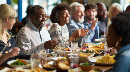 A diverse group of churchgoers shares a meal in a fellowship hall, the tables adorned with dishes from various cultures. The room is filled with natural light, soft shadows falling