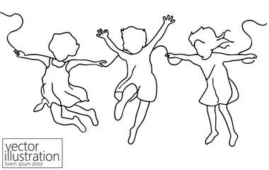 Three happy jumping kids. Childhood active sport single line drawing black ink. Friends together. Contour outline vector illustration