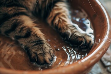 Cat cleans paws in water bowl - obrazy, fototapety, plakaty