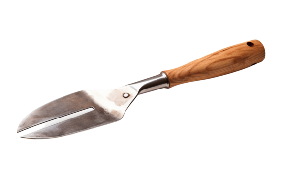 A knife with a wooden handle resting on a white background