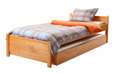 A wooden-framed bed adorned with a cozy plaid bedspread