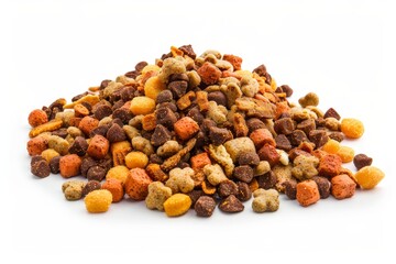 Dry pet food for cats and dogs on white background