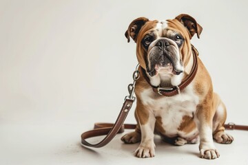 Fototapeta premium Bulldog with leash and collar white background