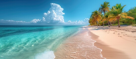 Beautiful tropical beach scene with palm trees, white sand and turquoise water against a bright blue sky