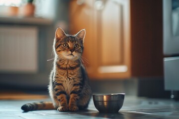 Cute Scottish cat eagerly waits for owner to refill food bowl in kitchen Domestic pet blurred...