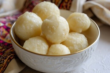 A side view of little maandazi in a white dish