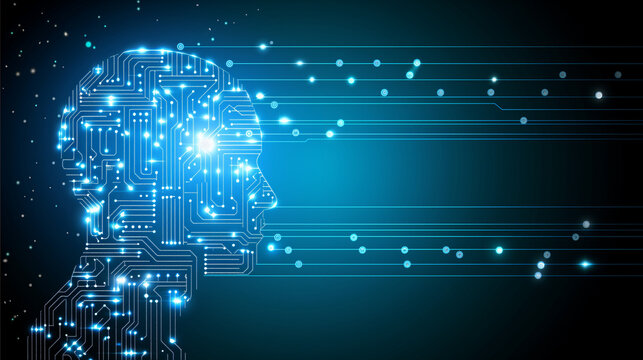 Title: "AI Profile"

Art Description: Vector illustration of an AI head silhouette with circuitry and binary code against a blue background.
