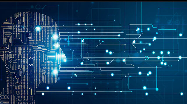 Title: "AI Profile"

Art Description: Vector illustration of an AI head silhouette with circuitry and binary code against a blue background.
