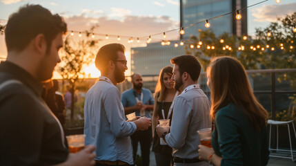 A networking event on a rooftop terrace at dusk, where conference attendees mix and mingle. String lights and the last rays of the sun provide a magical backdrop, with soft shadows
